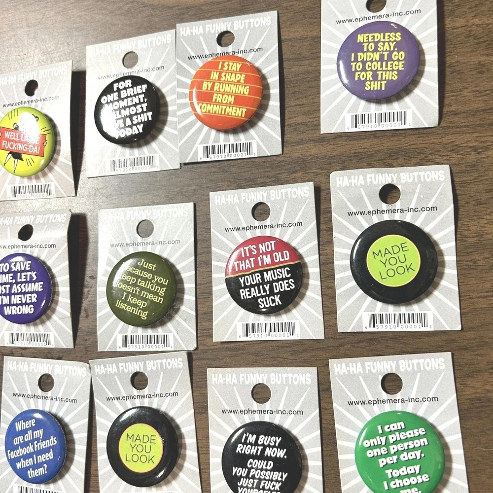 Ephemera Ha-Ha Funny Buttons Pin Lot of 24 Multicolor NEW Sarcastic Snarky